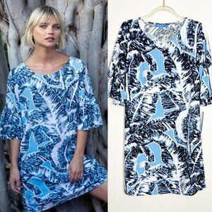 Blue Ginger Hawaii Banana Leaf Print Ruffle Sleeve Rayon Dress Womens Small